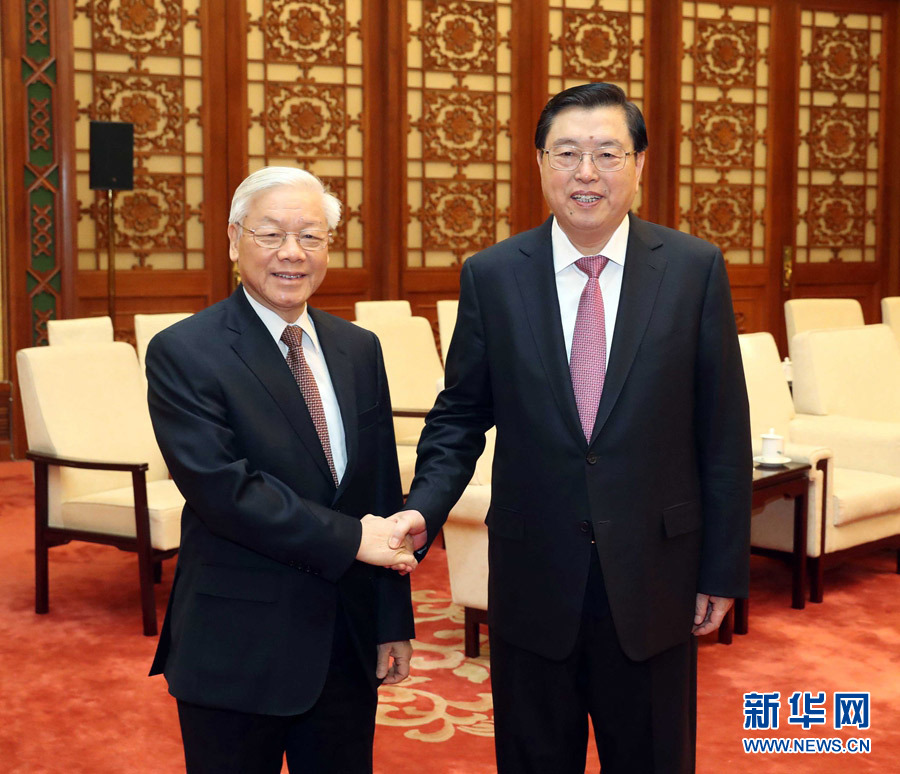 1月13日，中共中央政治局常委、全國人大常委會委員長張德江在北京人民大會堂會見越共中央總書記阮富仲。 新華社記者 劉衛(wèi)兵 攝