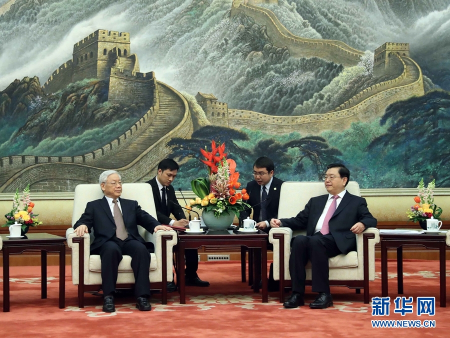 1月13日，中共中央政治局常委、全國人大常委會委員長張德江在北京人民大會堂會見越共中央總書記阮富仲。 新華社記者 劉衛(wèi)兵 攝