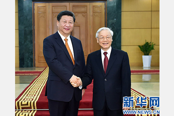 11月5日，中共中央總書記、國家主席習近平在河內同越共中央總書記阮富仲舉行會談。 新華社記者李濤攝