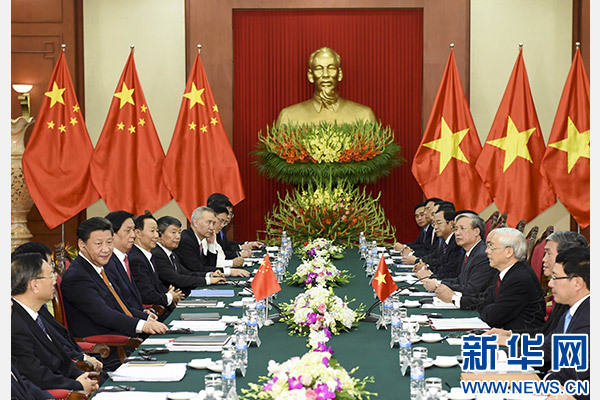 11月5日，中共中央總書記、國家主席習近平在河內同越共中央總書記阮富仲舉行會談。 新華社記者李學仁攝