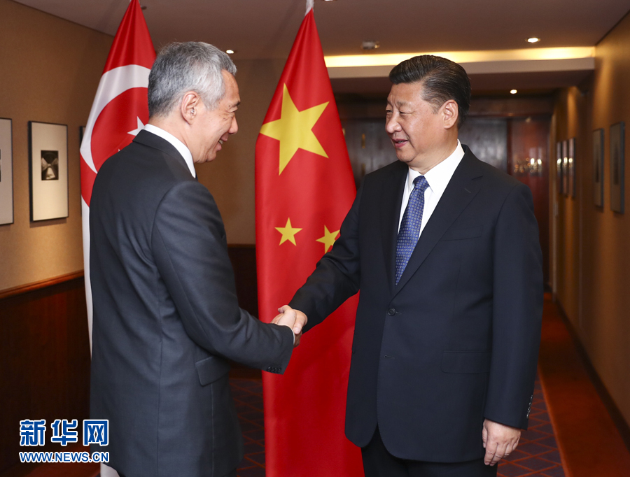 7月6日,國家主席習近平在漢堡會見新加坡總理李顯龍。 新華社記者謝環馳 攝 7月6日,國家主席習近平在漢堡會見新加坡總理李顯龍。 新華社記者謝環馳 攝